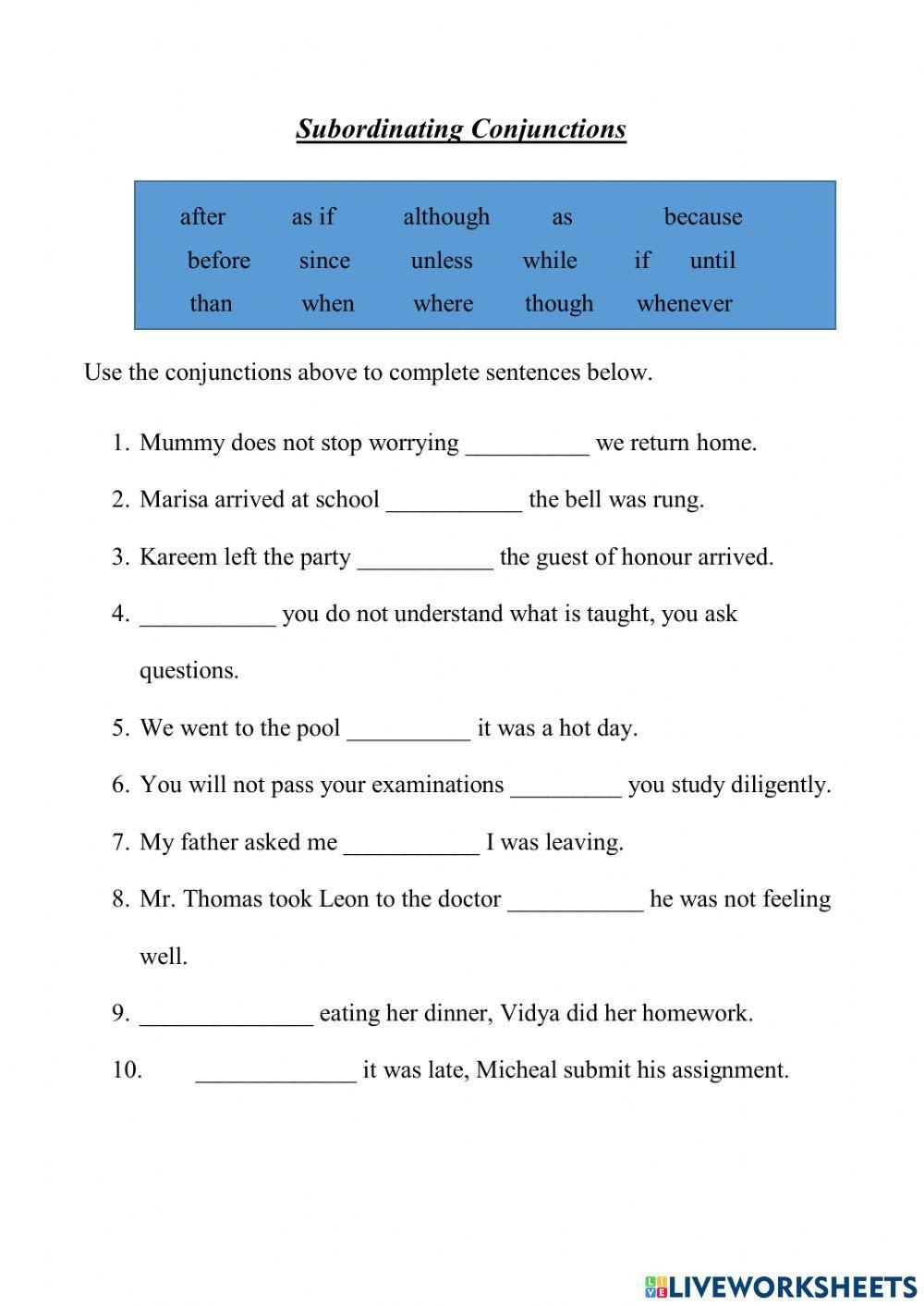 Subordinating Conjunctions Interactive Exercise Worksheets Library