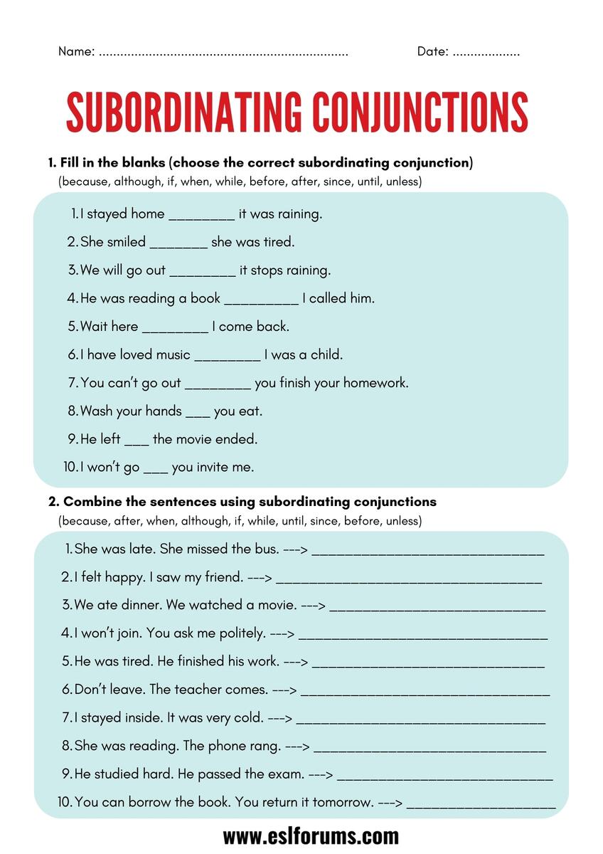 Subordinating Conjunctions Worksheets And Exercises ESL Forums Subordinating Conjunctions Worksheets And Exercises ESL Forums