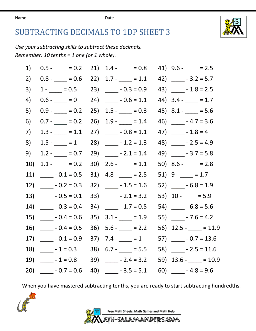Adding Subtracting Decimals Worksheets