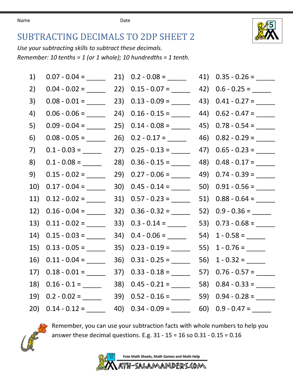Subtracting Decimals Worksheet