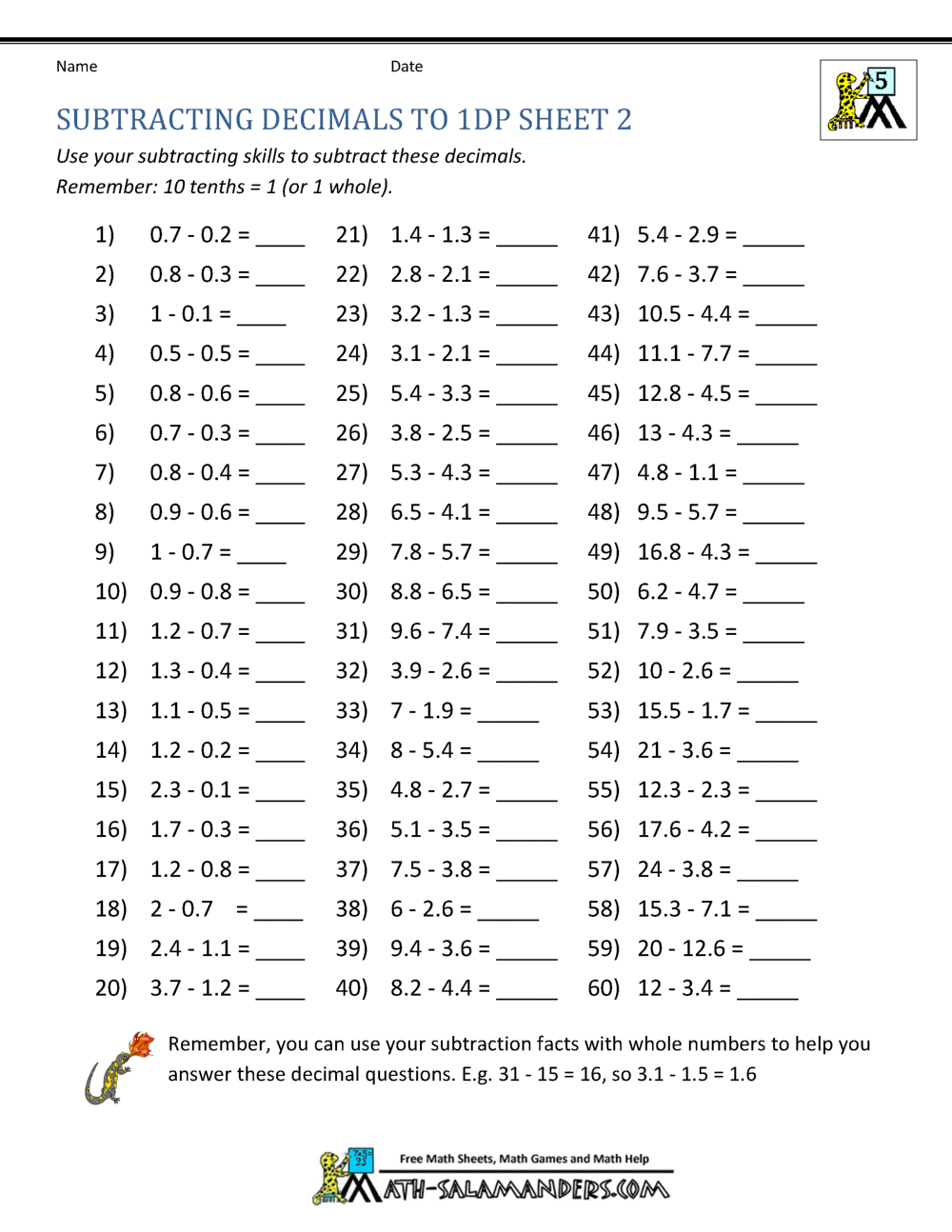 Subtracting Decimals Worksheet Subtracting Decimals Worksheet