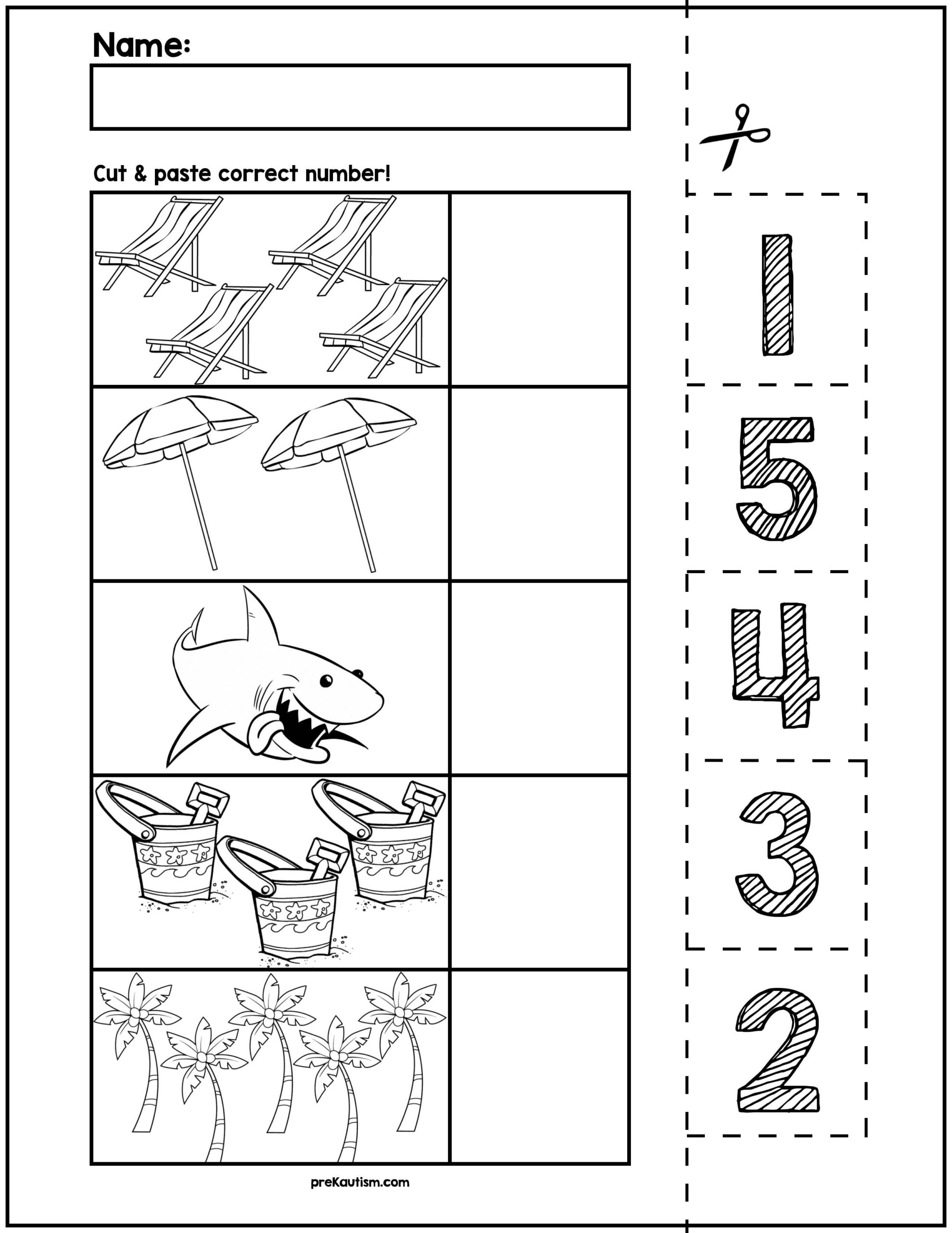 Summer Objects Cut Match Worksheets Numbers 1 5 By PreKautism