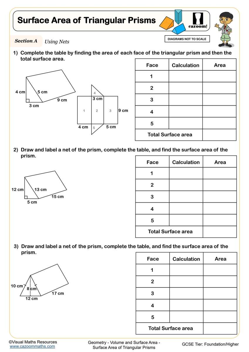 Surface Area Of Triangular Prisms Worksheet Printable PDF Year 9 And Year 10 Geometry Worksheet