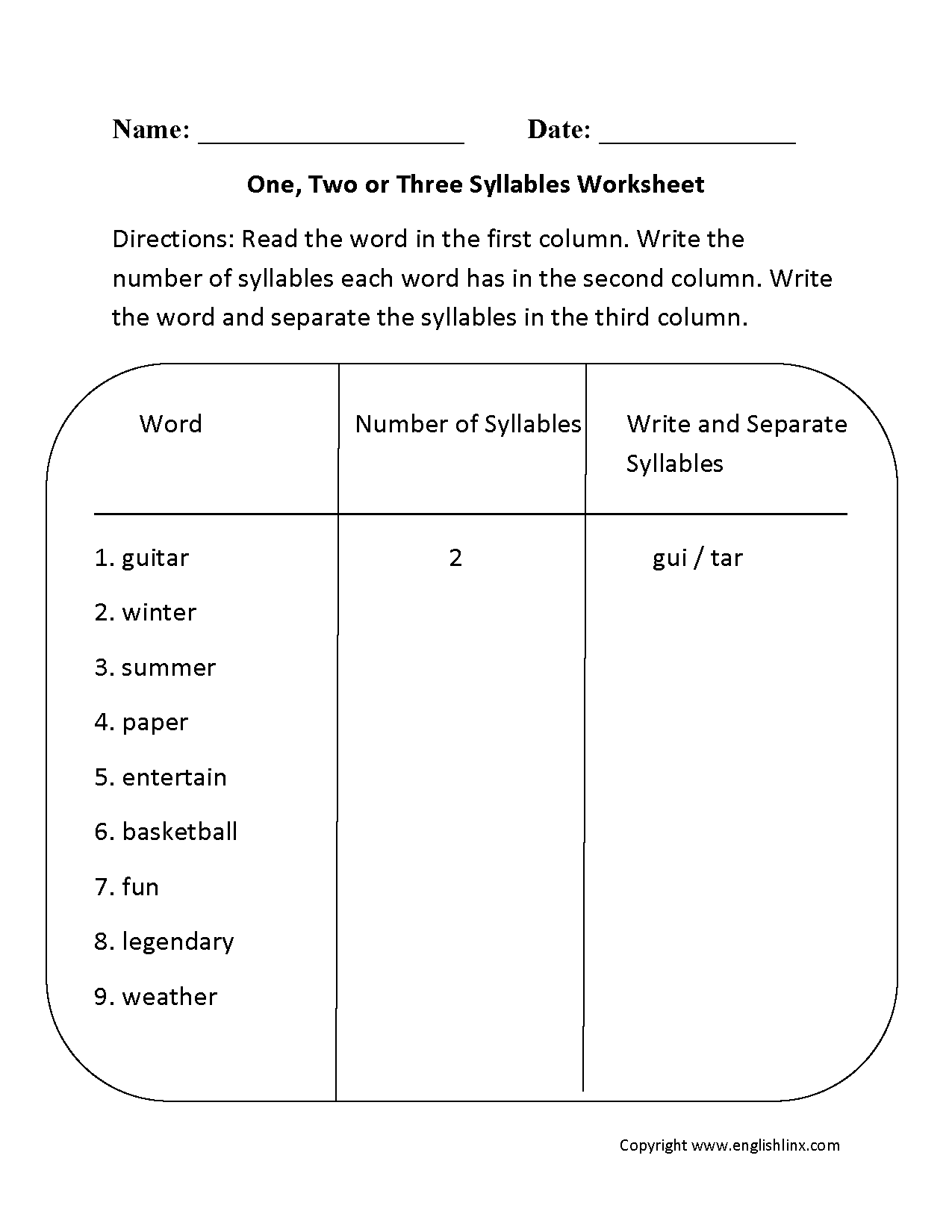 Syllables Worksheets One Two Or Three Syllables Worksheet Syllables Worksheets One Two Or Three Syllables Worksheet