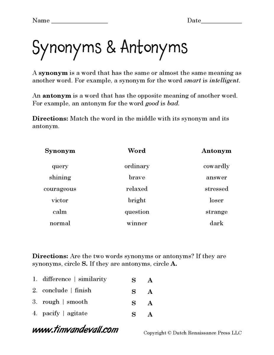 Synonyms And Antonyms Worksheet Tim S Printables