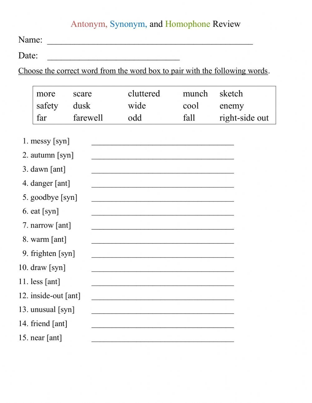 Synonyms And Antonyms Worksheets For Grade 6 Antonyms Worksheet Worksheets Library