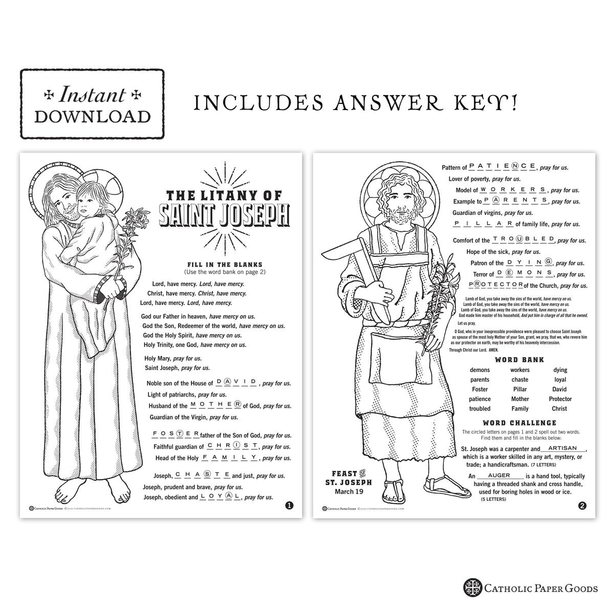 The Litany Of Saint Joseph Catholic Coloring Pages And Word Game Catholic Saints 2 Printable Coloring Pages Digital PDF Etsy