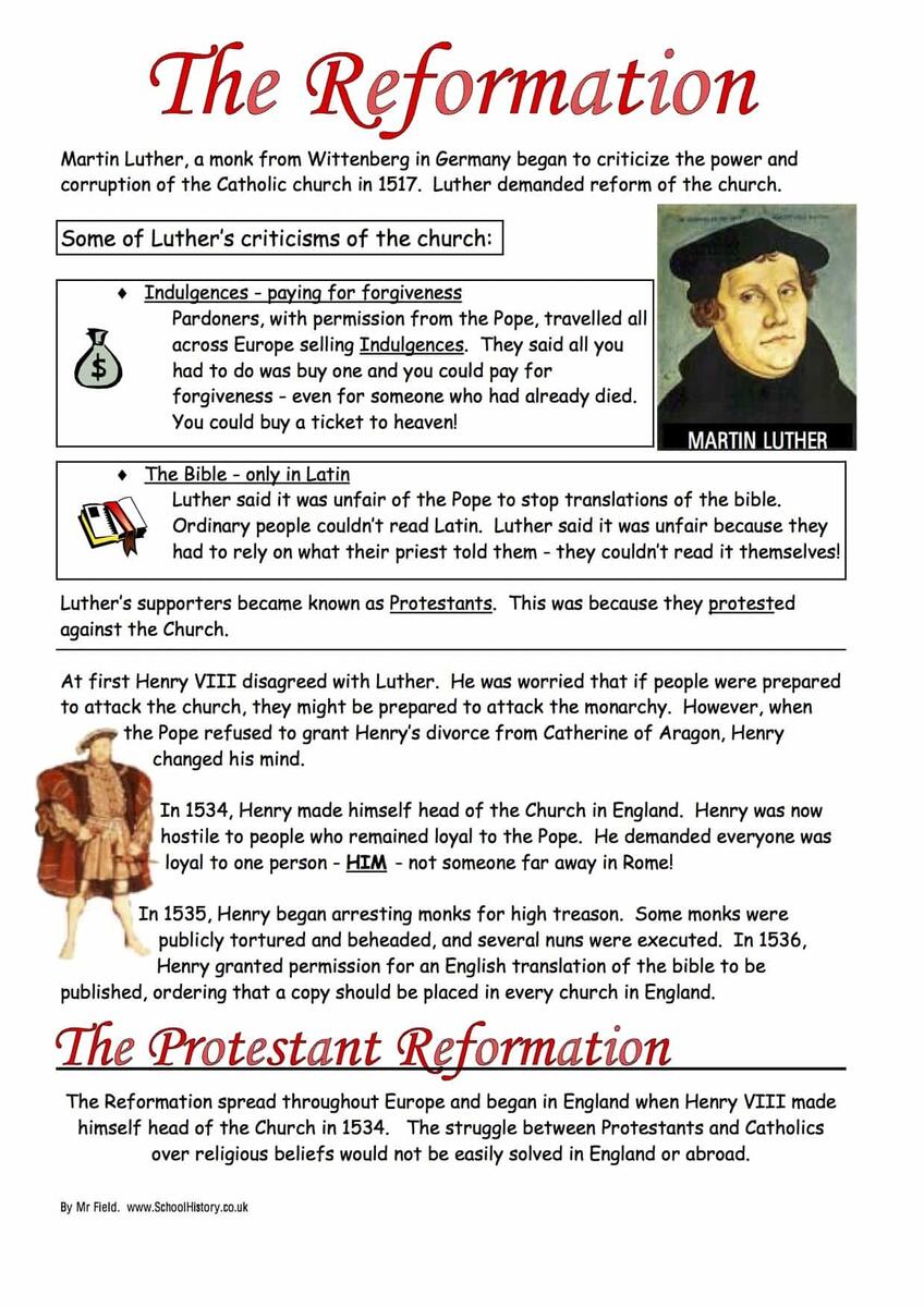 The English Reformation Crossword Free Printable PDF Year 8