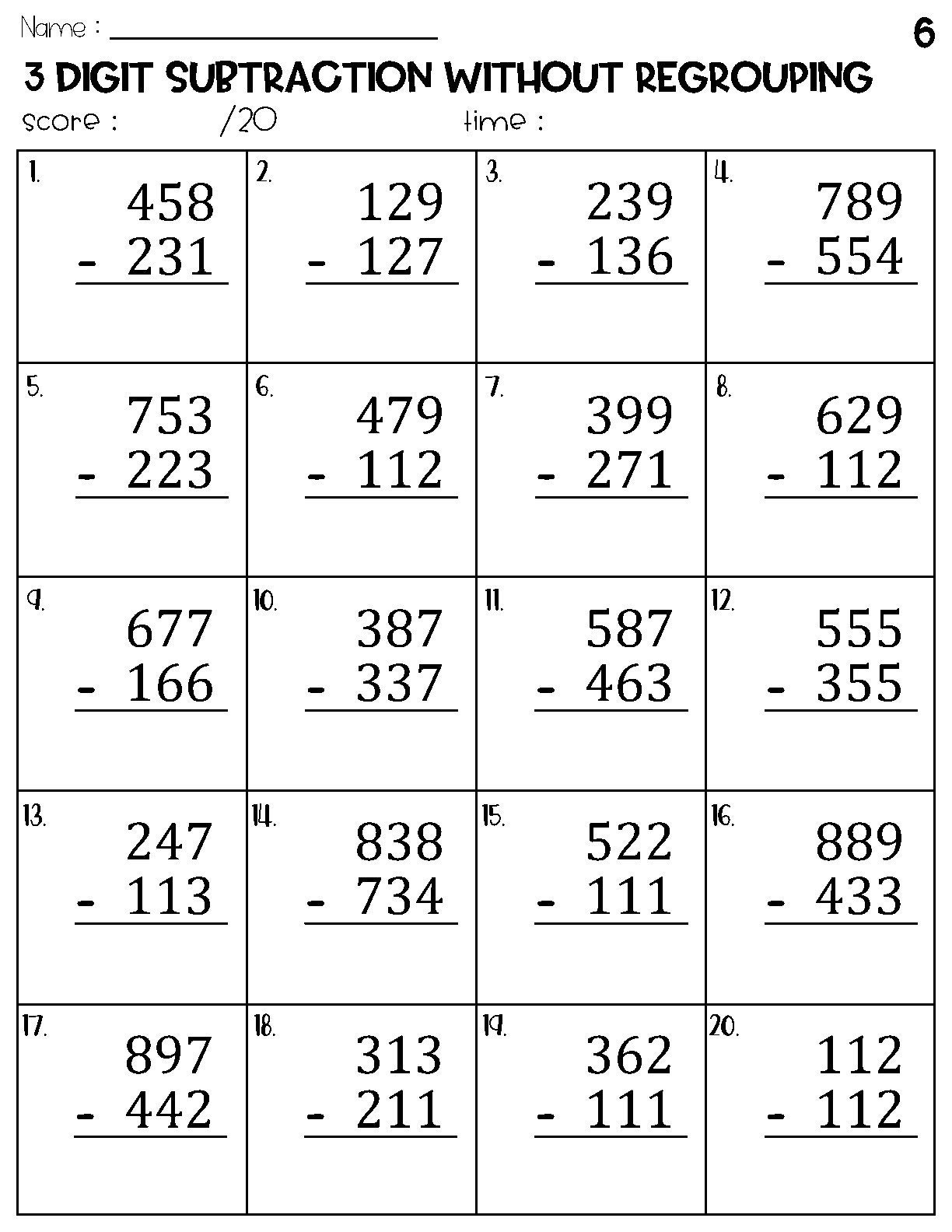 Three Digit Subtraction Without Regrouping Worksheets Etsy