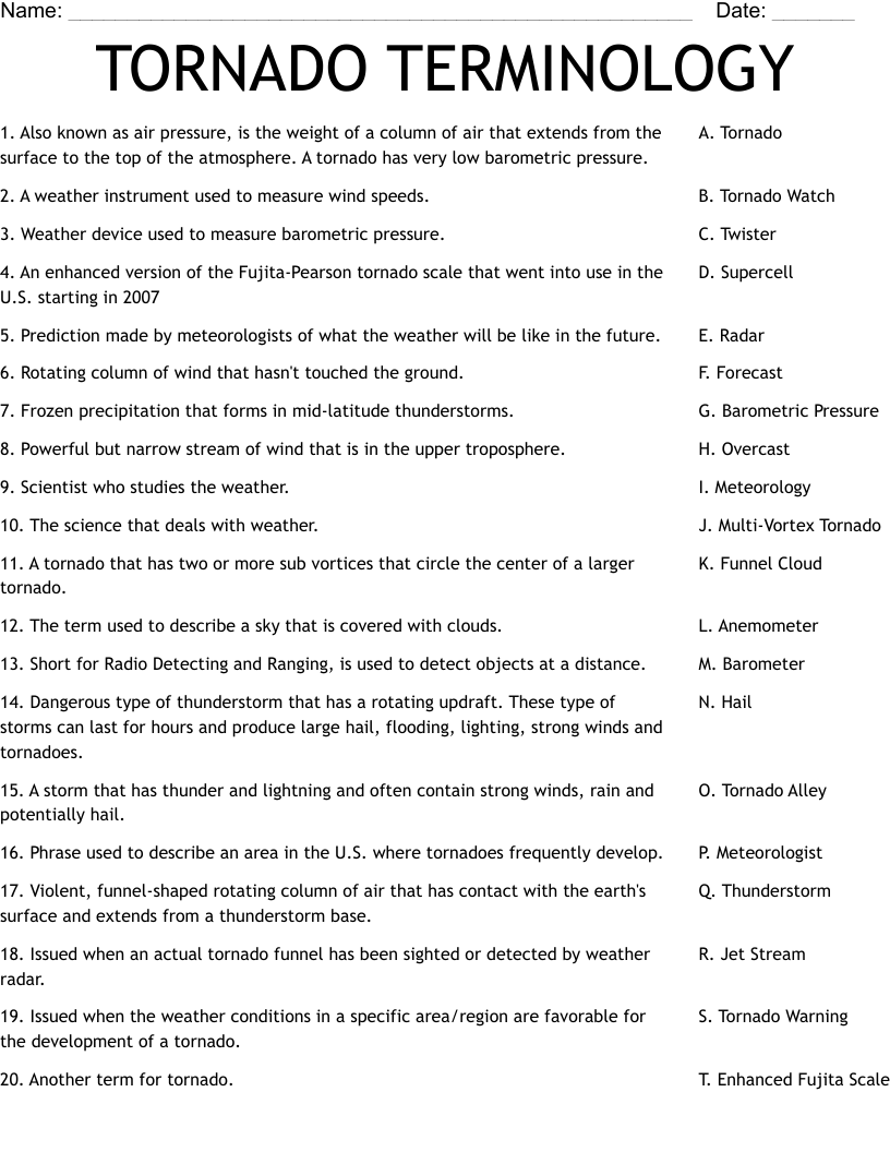 TORNADO TERMINOLOGY Worksheet WordMint
