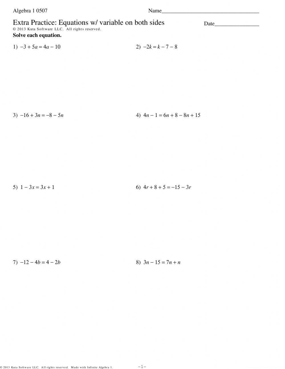 Two Step Equations With Variables On Both Sides Worksheet