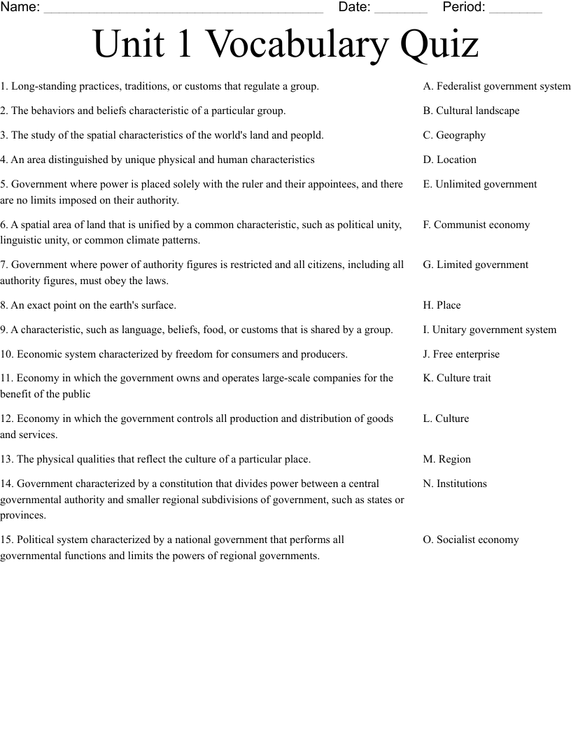 Unit 1 Vocabulary Quiz Worksheet WordMint Unit 1 Vocabulary Quiz Worksheet WordMint