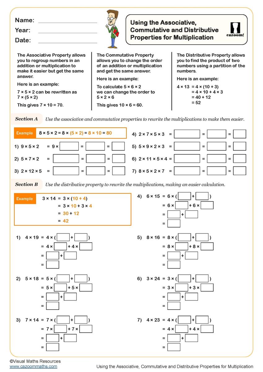 Using The Associative Commutative And Distributive Properties For Multiplication Worksheet PDF Printable Number Worksheets Multiplication Property Of Exponents Worksheets