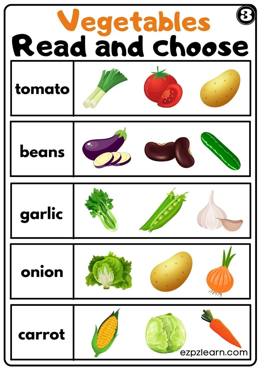 Vegetables Read And Choose Worksheet For K5 Kindergarten And ESL Students Set 3 Ezpzlearn Vegetables Read And Choose Worksheet For K5 Kindergarten And ESL Students Set 3 Ezpzlearn