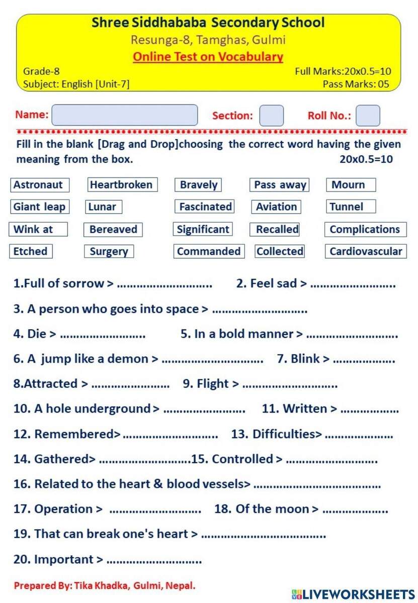 Vocabulary Of Grade 8 English Unit 7 Worksheet Worksheets Library