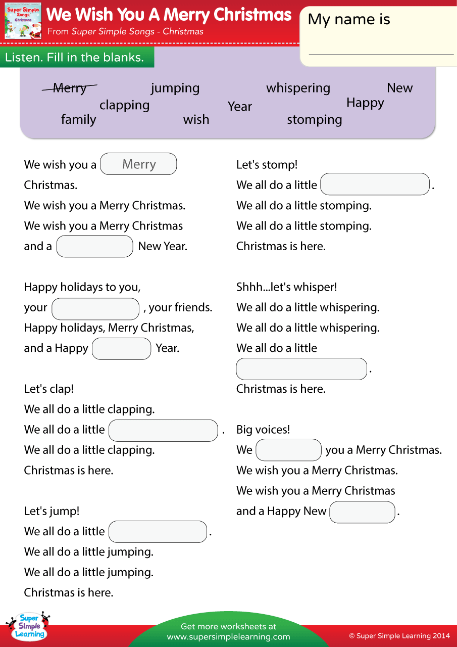 We Wish You A Merry Christmas Worksheet Fill In The Blanks Super Simple