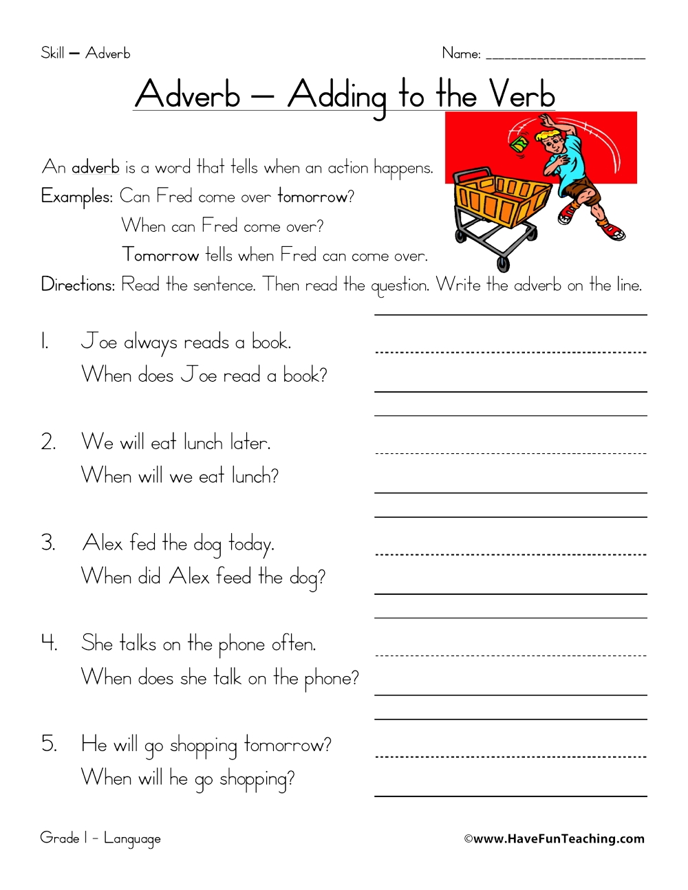 When Adverbs Worksheet Have Fun Teaching Adverb Worksheets PDF Grade 1