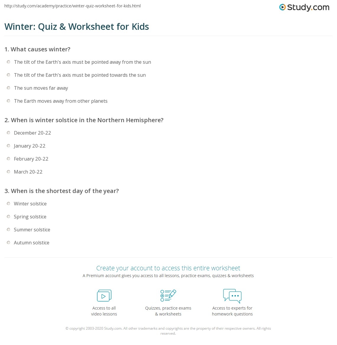 Winter Quiz Worksheet For Kids Study