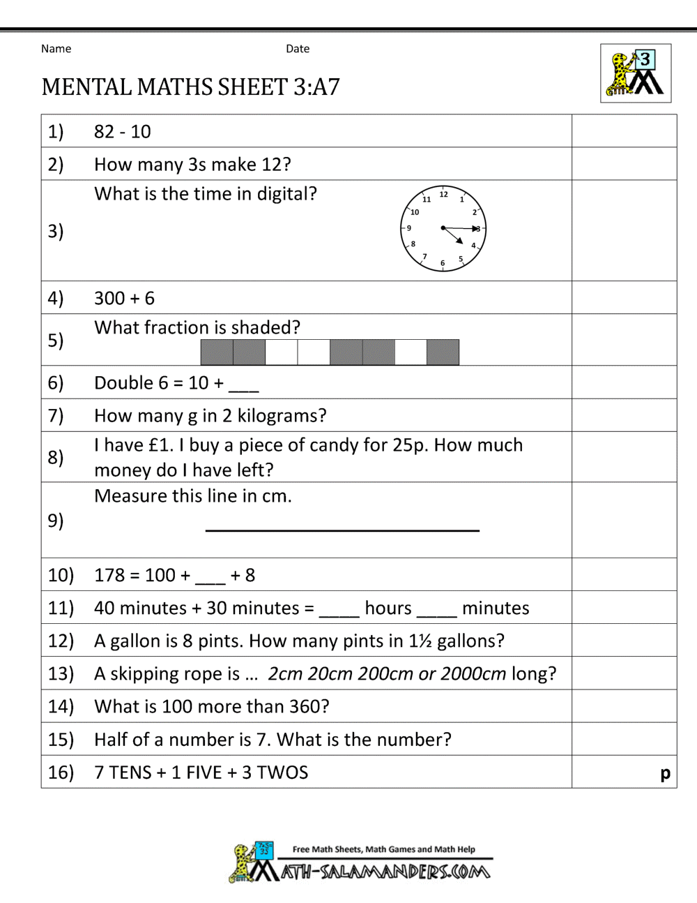 Year 3 Mental Maths Worksheets